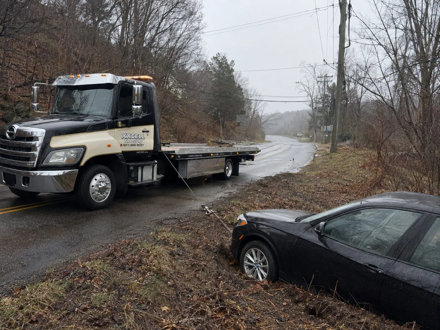 XXCELL Towing winching a BMW from a ditch in Bergen County NJ