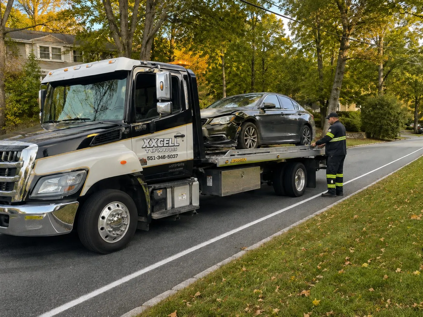XXCELL Towing recovering a collision-damaged vehicle in Bergen County NJ