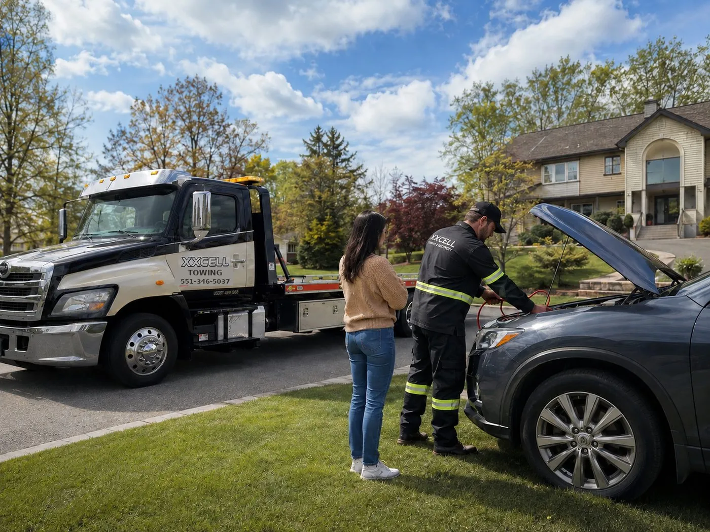 XXCELL Towing technician assisting a customer with roadside service in Bergen County NJ