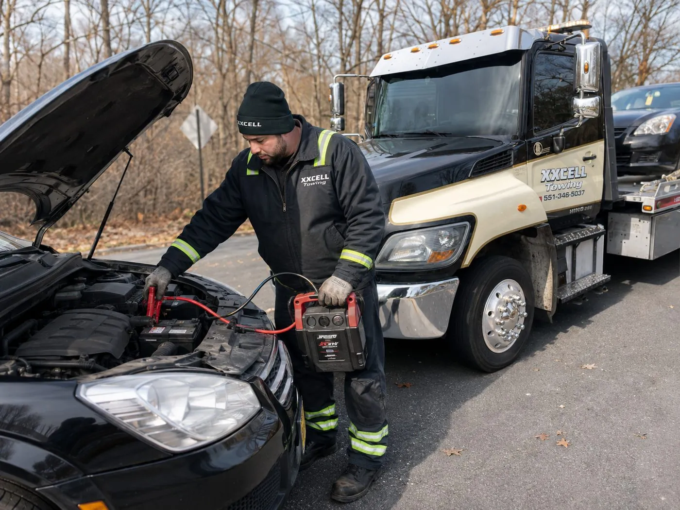 XXCELL Towing technician jump-starting a dead car battery with a professional jump pack in Bergen County NJ
