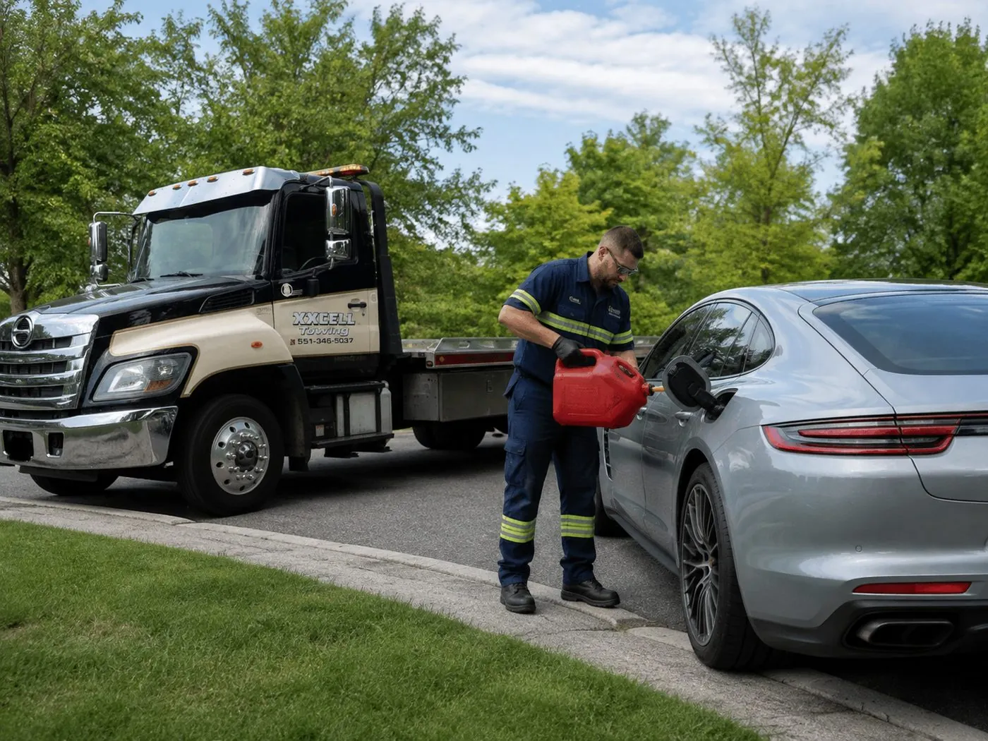 XXCELL Towing delivering fuel to a Porsche Panamera in Bergen County NJ